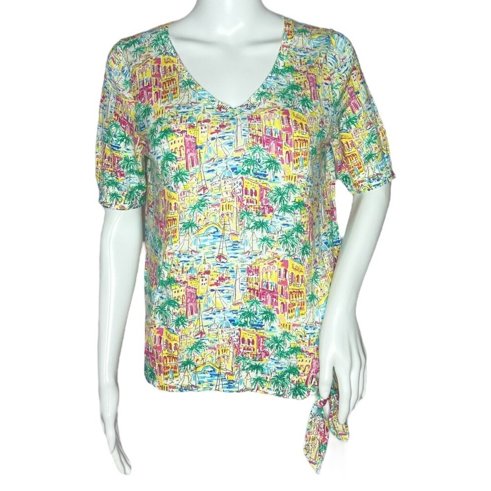 Talbots Petites M‎ Petite Santorini Greece Print Knit Top Coastal Resort Preppy
